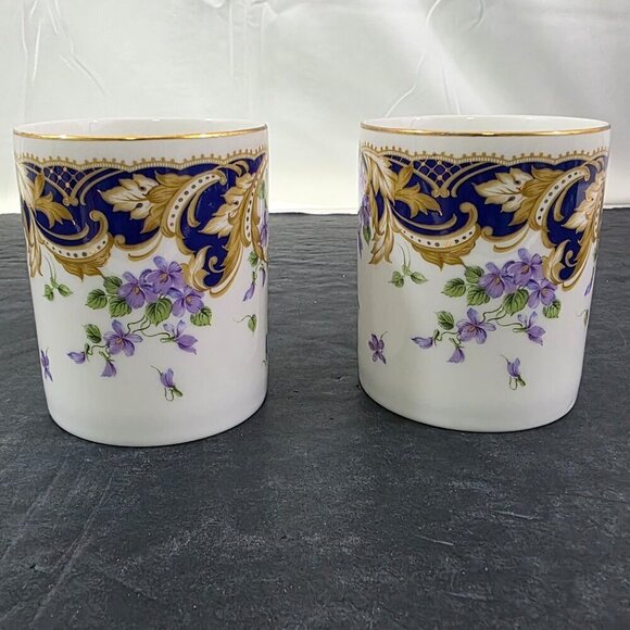 Andrea by Sadek Royal Violets Gold Rim 10 Oz Porcelain Mugs Cups – Set of 2 - Picture 12 of 16